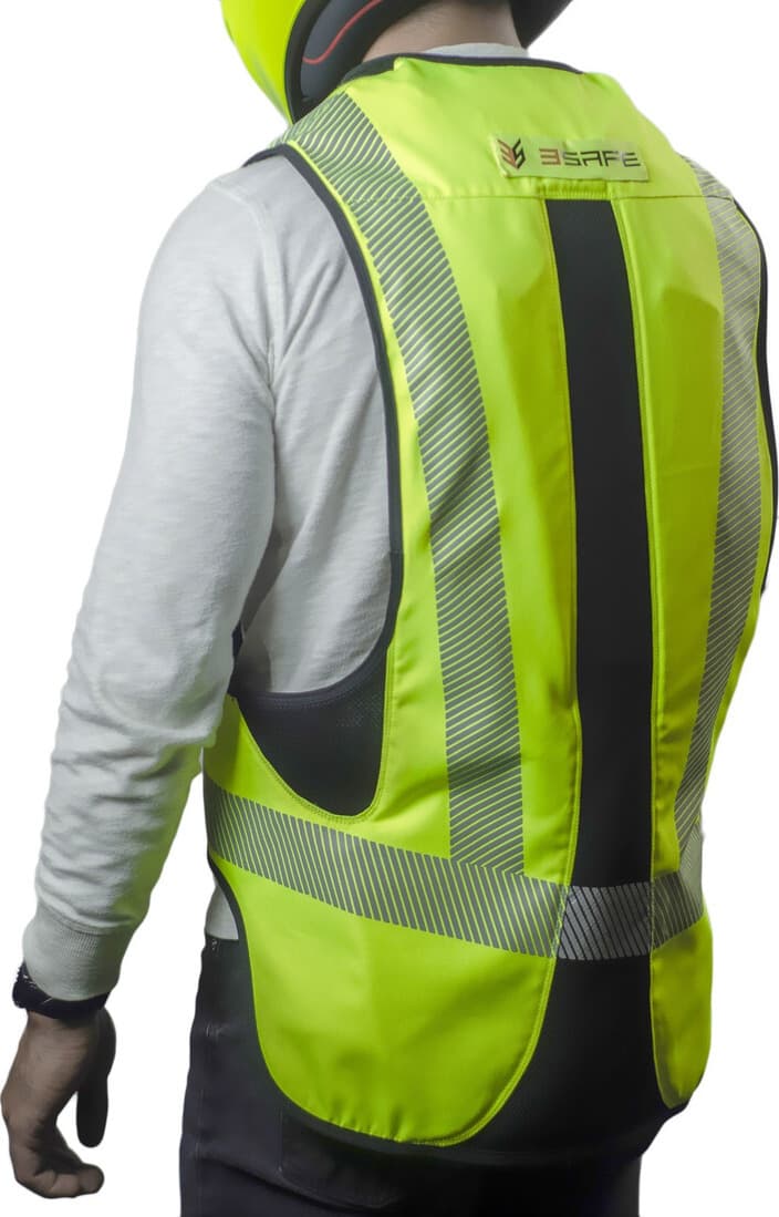Chaleco Airbag Motociclista Verde Reflectivo Alta Visibilidad detalle costuras termoselladas